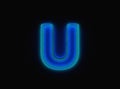 Blue - green neon light glow glassy clear font - letter U isolated on black dark, 3D illustration of symbols Royalty Free Stock Photo