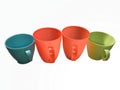 blue green and orange cups and a white background.