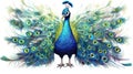 A blue and green peacock with its feathers spread out. Generative AI image. Royalty Free Stock Photo