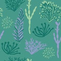 Blue, green, purple sea life plants seamless repeat pattern with green background