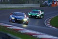 Blue and green race cars driving on a track, perfect for any motorsport or racing-related visuals