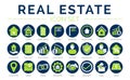 Blue Green Real Estate Round Icon Set of Home, House, Apartment, Buying, Renting, Searching, Investment, Choosing, Wishlist, Low Royalty Free Stock Photo