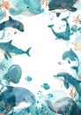 Blue and green rectangular frame with marine life, underwater creatures, whales, dolphins, algae, corals, underwater Royalty Free Stock Photo