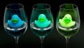 Blue and green rubber ducks in wineglasses