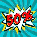 Blue-green sale web banner. Pop art comic sale discount promotion banner. Big sale background. Sale Fifty 50 off on a