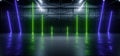 Blue Green Sci Fi Futuristic Alien Barn Neon Glowing Laser Electric Cyber Hangar Cement Glossy Concrete Hall Tunnel Corridor Royalty Free Stock Photo