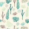 Blue and green sea life plants seamless repeat pattern with cream background