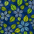 Blue and green sections flowers and leaf, black outlines floral pattern saturated.