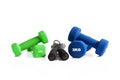 Blue and green set of fitness equipment isolation