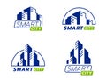 Blue and green smart city logo sign with modern abstract isometric building collection vector design Royalty Free Stock Photo