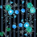 Blue and green stylized flowers on dark striped background. Vector seamless pattern. Royalty Free Stock Photo