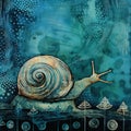 Teal Snail Print: Whimsical Animal Symbolism In Atmospheric Etching Style Royalty Free Stock Photo