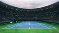 Blue and green tennis court stadium with fans at daytime, upper front view