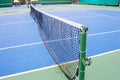 Blue and green tennis court surface,Tennis ball on the field Royalty Free Stock Photo