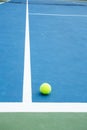 Blue and green tennis court surface,Tennis ball on the field Royalty Free Stock Photo