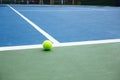 Blue and green tennis court surface,Tennis ball on the field Royalty Free Stock Photo