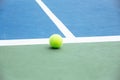 Blue and green tennis court surface,Tennis ball on the field Royalty Free Stock Photo