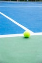 Blue and green tennis court surface,Tennis ball on the field Royalty Free Stock Photo