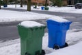 A blue and a green trash can covered with snow by the side of a snow covered, freshly plowed street waiting for garbage pickup