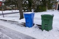 A blue and a green trash can covered with snow by the side of a snow covered, freshly plowed street waiting for garbage pickup