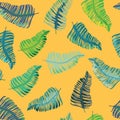 Blue, green and turquoise tropical leaves seamless pattern. Vector illustration on orange background Royalty Free Stock Photo