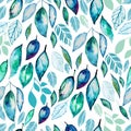 Blue-green watercolor leaves. Vector seamless background, Winter color great for background, wallpaper, wrap and textile Royalty Free Stock Photo