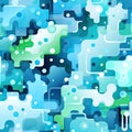 Blue and green watercolored abstract pattern with puzzle-like pieces (tiled)