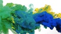 Blue, green and yellow watercolor ink in water on a white background. Beautiful abstract background. Acrylic paints are mixed in Royalty Free Stock Photo