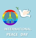Blue greeting card with paper cut out dove and peace symbol with rainbow for International Peace day. Flat design