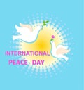 Blue greeting card with sun and paper cut out doves with olive branch and tulip for International Peace day