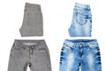 Blue grey jeans set isolated on white background. collage closeup female denim pants. Top view and mock up. Copy space flat lay Royalty Free Stock Photo