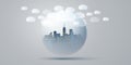 Blue, Grey and White Smart City, Cloud Computing Design Concept with Transparent Globe and Cityscape, Tall Buildings Royalty Free Stock Photo