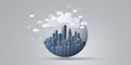 Blue, Grey and White Smart City, Cloud Computing Design Concept with Transparent Globe and Cityscape, Tall Buildings, Skyscrapers Royalty Free Stock Photo