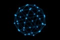 Blue grid network sphere with glowing nodes over black background, social networking, global internet or cyberspace concept