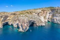 Blue Grotto in Malta, aerial view from the Mediterranean Sea to the island Royalty Free Stock Photo