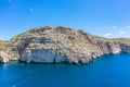 Blue Grotto in Malta, aerial view from the Mediterranean Sea to the island Royalty Free Stock Photo