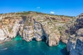 Blue Grotto in Malta, aerial view from the Mediterranean Sea to the island Royalty Free Stock Photo