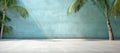 blue grunge cement texture wall and palm tree with shadows background, summer tropical travel minimal concept Royalty Free Stock Photo