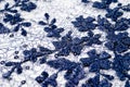 A blue guipure with volumetric embroidery of flowers and sequins, photographed in close-up