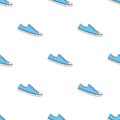 Blue gumshoes seamless pattern. Cartoon image of shoes. Fill for your design. Isolated vector white background.