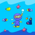 Blue Guy Diving in the Deep Blue Sea Cartoon Vector Royalty Free Stock Photo