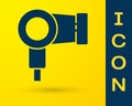Blue Hair dryer icon isolated on yellow background. Hairdryer sign. Hair drying symbol. Blowing hot air. Vector