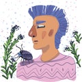 Blue haired boy with a big beetle on his shoulder