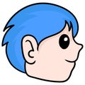 The blue haired boy head with a smiling face looked from the side. doodle icon drawing