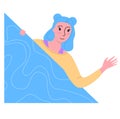 Blue-haired woman peeking out, waving hand. Friendly greeting gesture, blue waves background. Social interaction concept