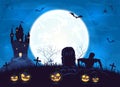 Blue Halloween Background with Castle and Pumpkins