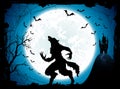 Blue Halloween background with castle and werewolf