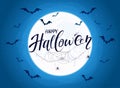 Blue Halloween Background with Moon and Bats Royalty Free Stock Photo