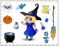 Blue halloween cartoon set of objects for witches and cute witch girl on white background