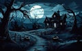 The Blue Halloween Night Scene: A Creepy House, Cemetery, and Zo